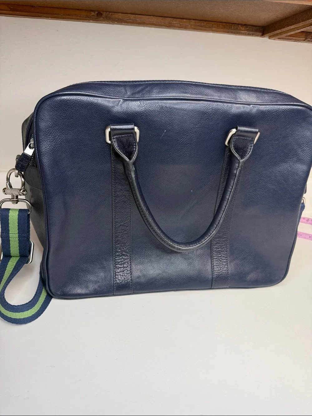 Robert Graham Navy Leather Laptop Bag with Blue and Green Strap